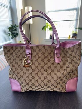 Gucci Beige Monogram Canvas Tote with Pink Trim